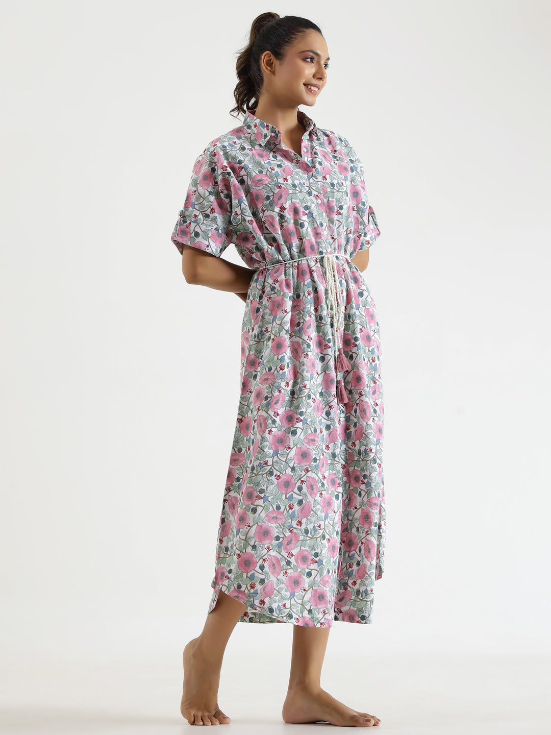 MIDI FLORAL Cotton NIGHT Dress - SanskrutiHomes 