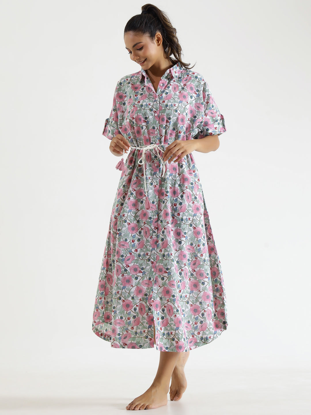 MIDI FLORAL Cotton NIGHT Dress - SanskrutiHomes 