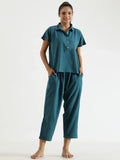 Teal solid Cotton Slub Night Suit - SanskrutiHomes 