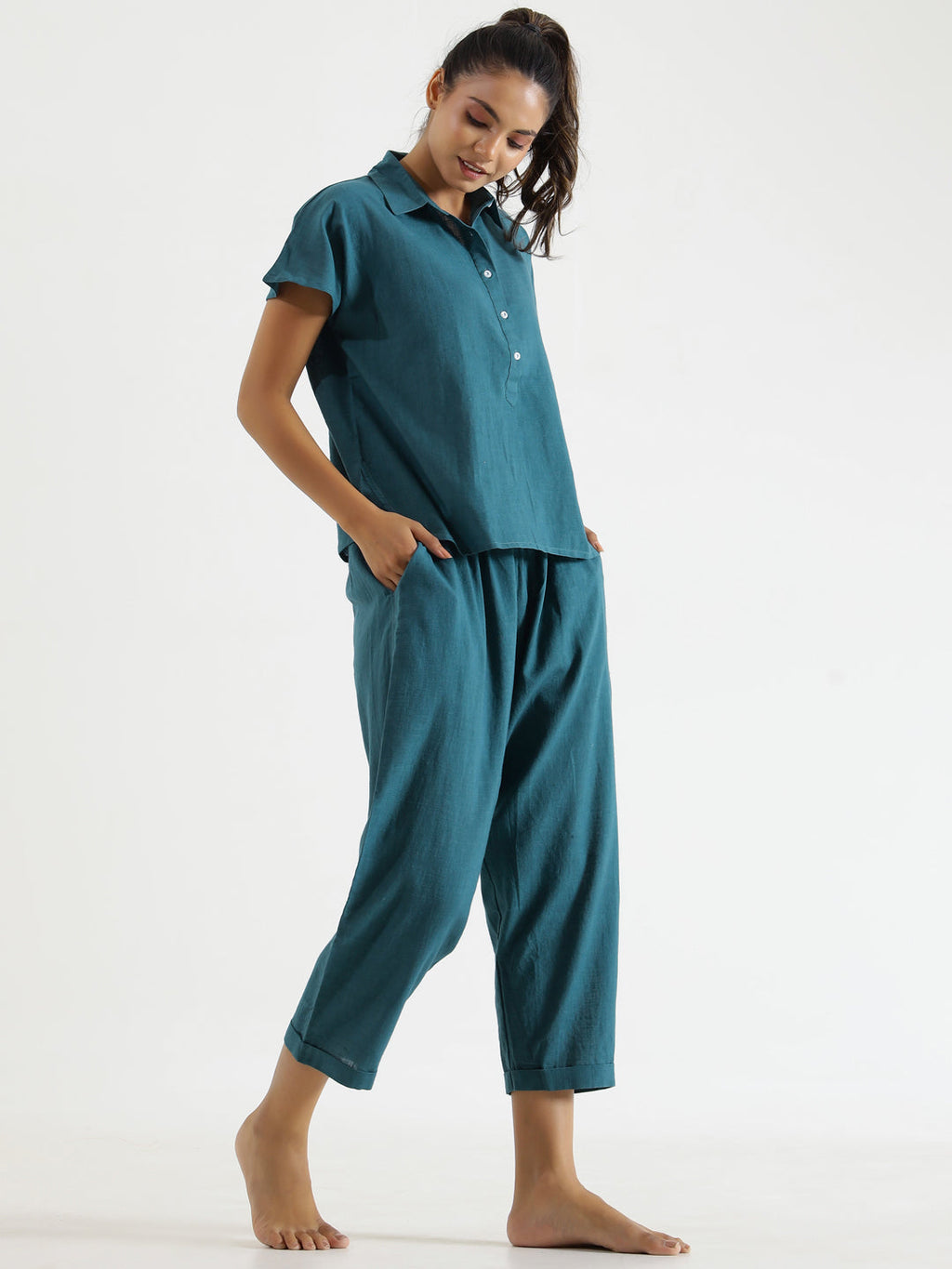 Teal solid Cotton Slub Night Suit - SanskrutiHomes 