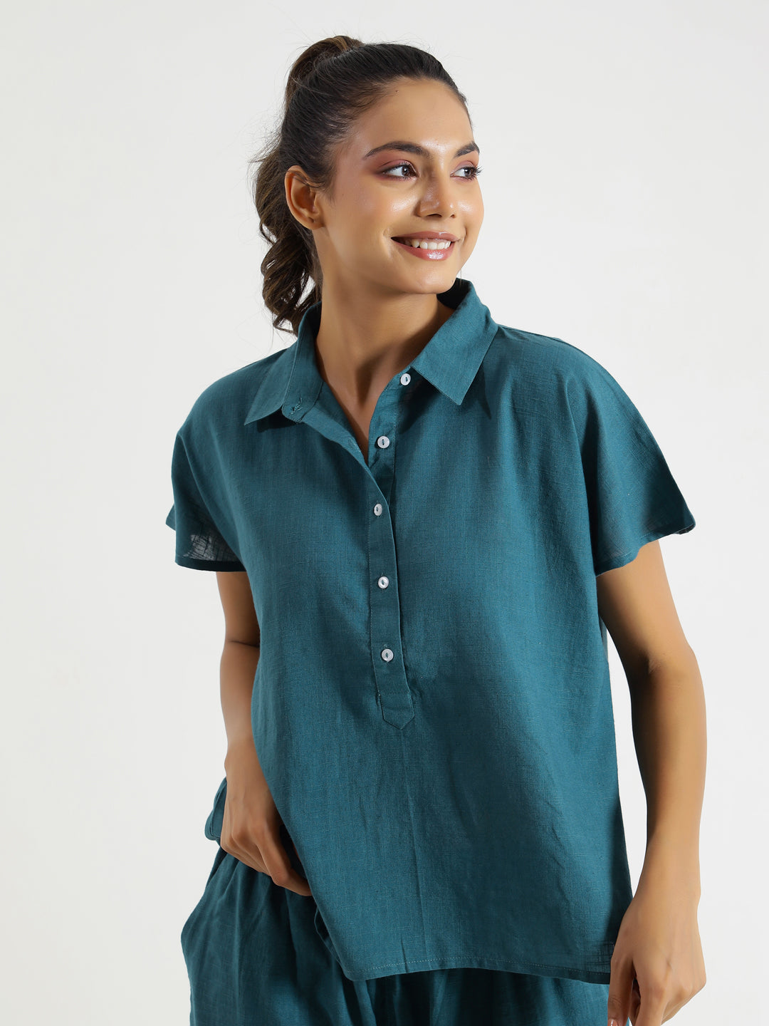 Teal solid Cotton Slub Night Suit - SanskrutiHomes 