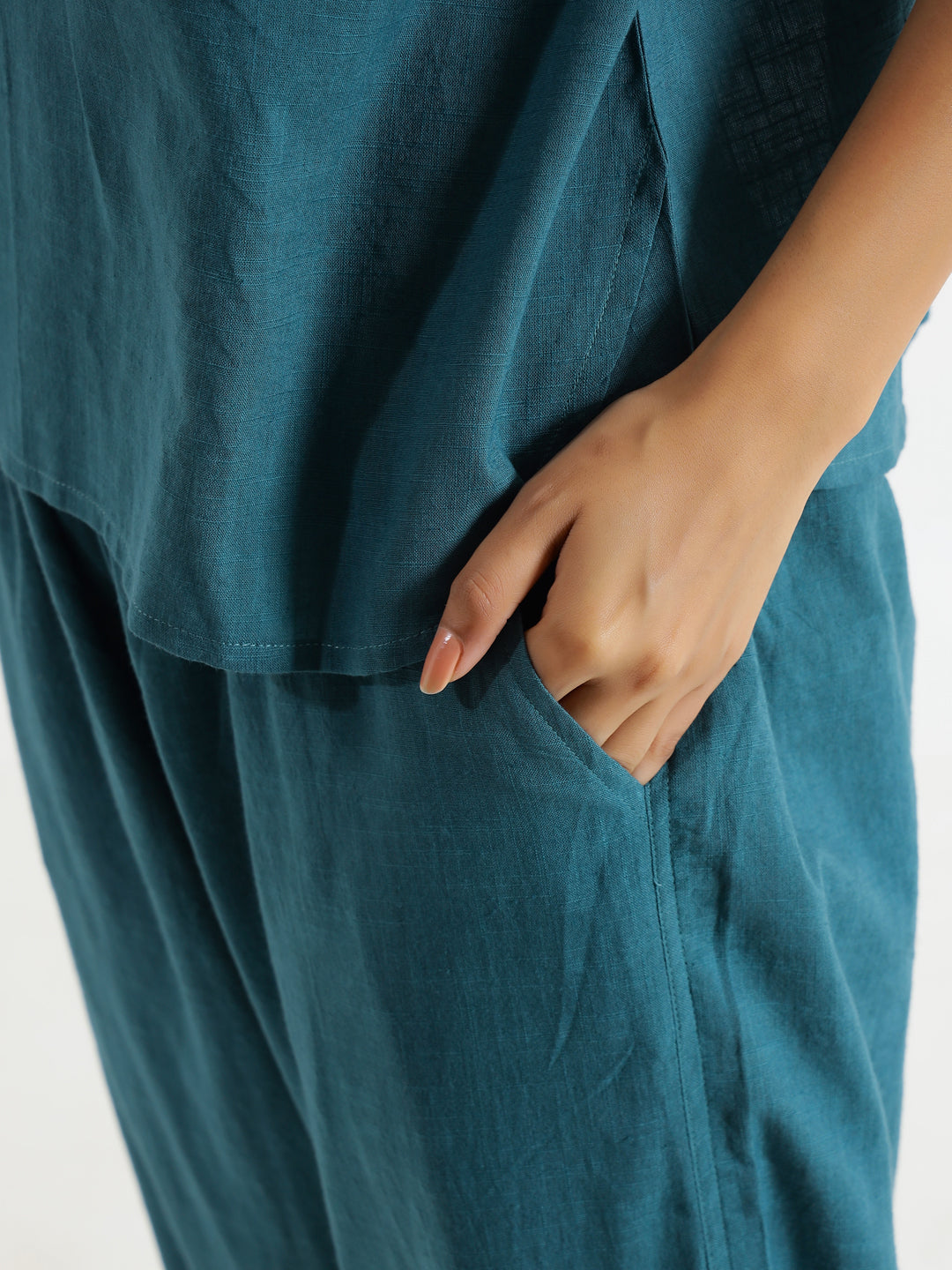 Teal solid Cotton Slub Night Suit - SanskrutiHomes 