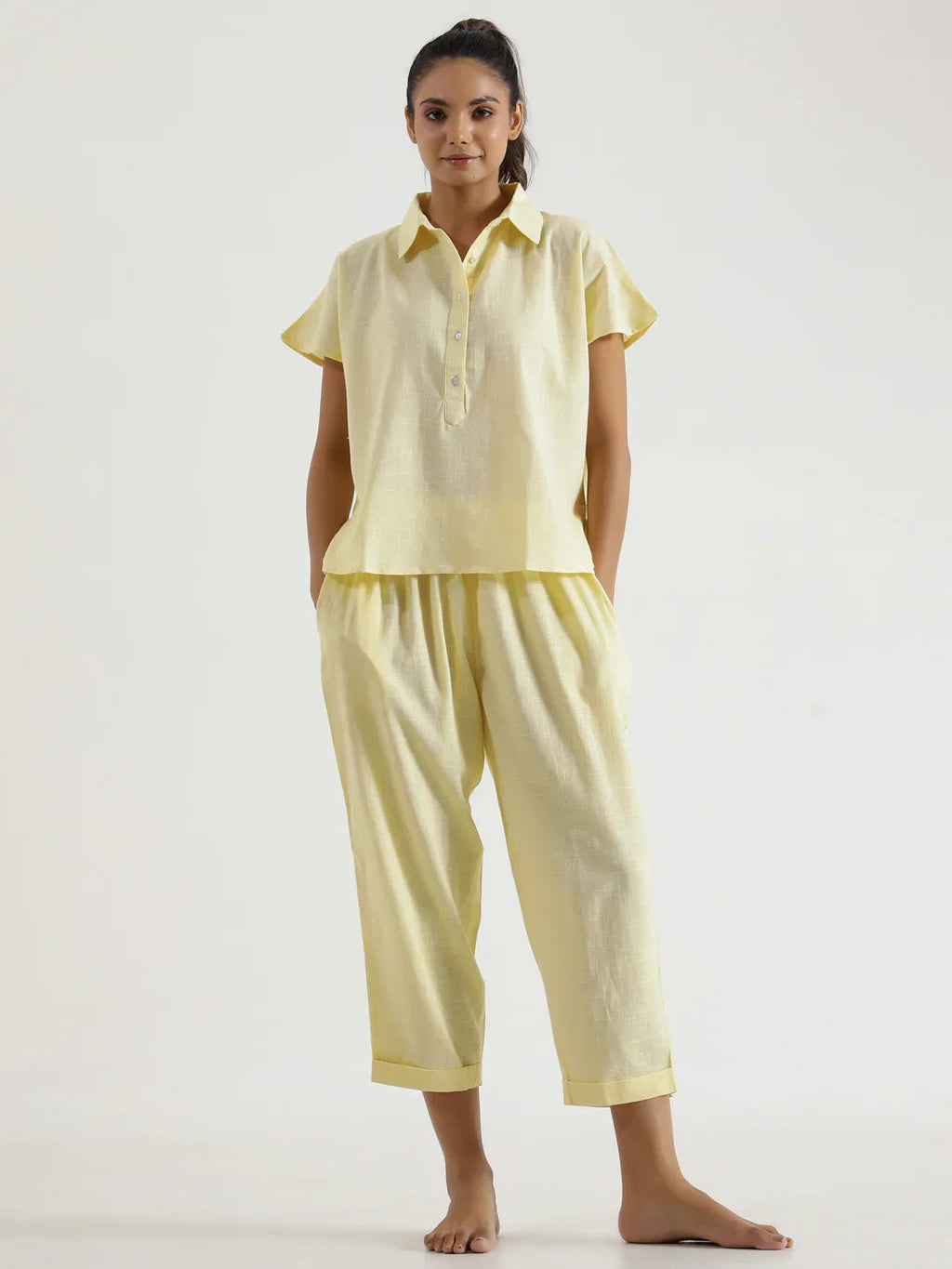Lemon yellow solid Cotton Slub Night Suit - SanskrutiHomes 