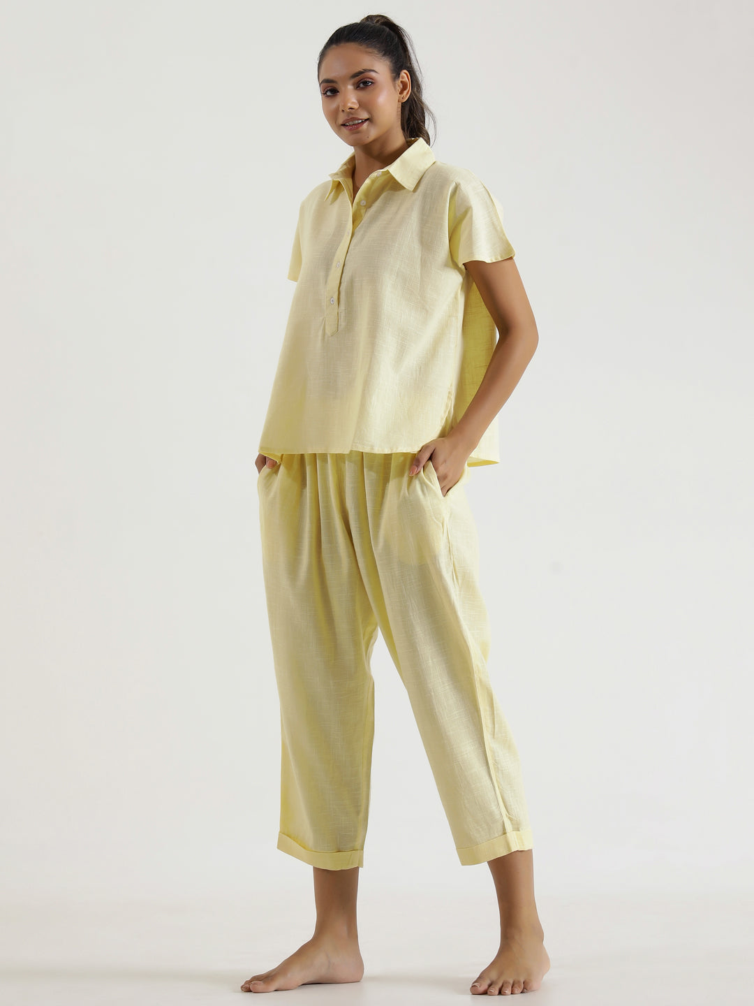 Lemon yellow solid Cotton Slub Night Suit - SanskrutiHomes 