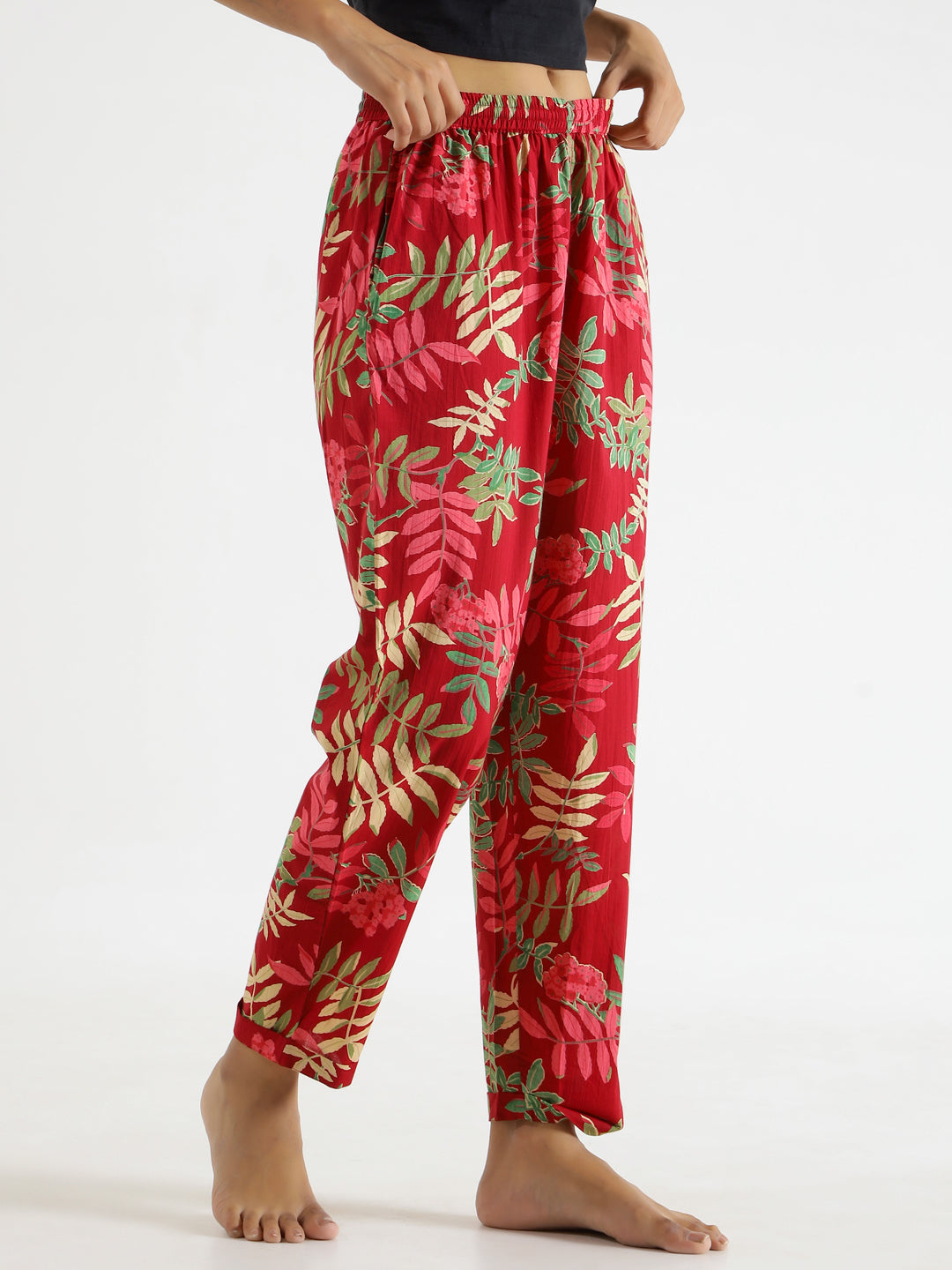 Red Floral Printed Pure Cotton Lounge Pants - SanskrutiHomes 