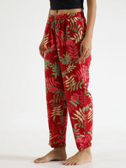 Red Floral Printed Pure Cotton Lounge Pants - SanskrutiHomes 