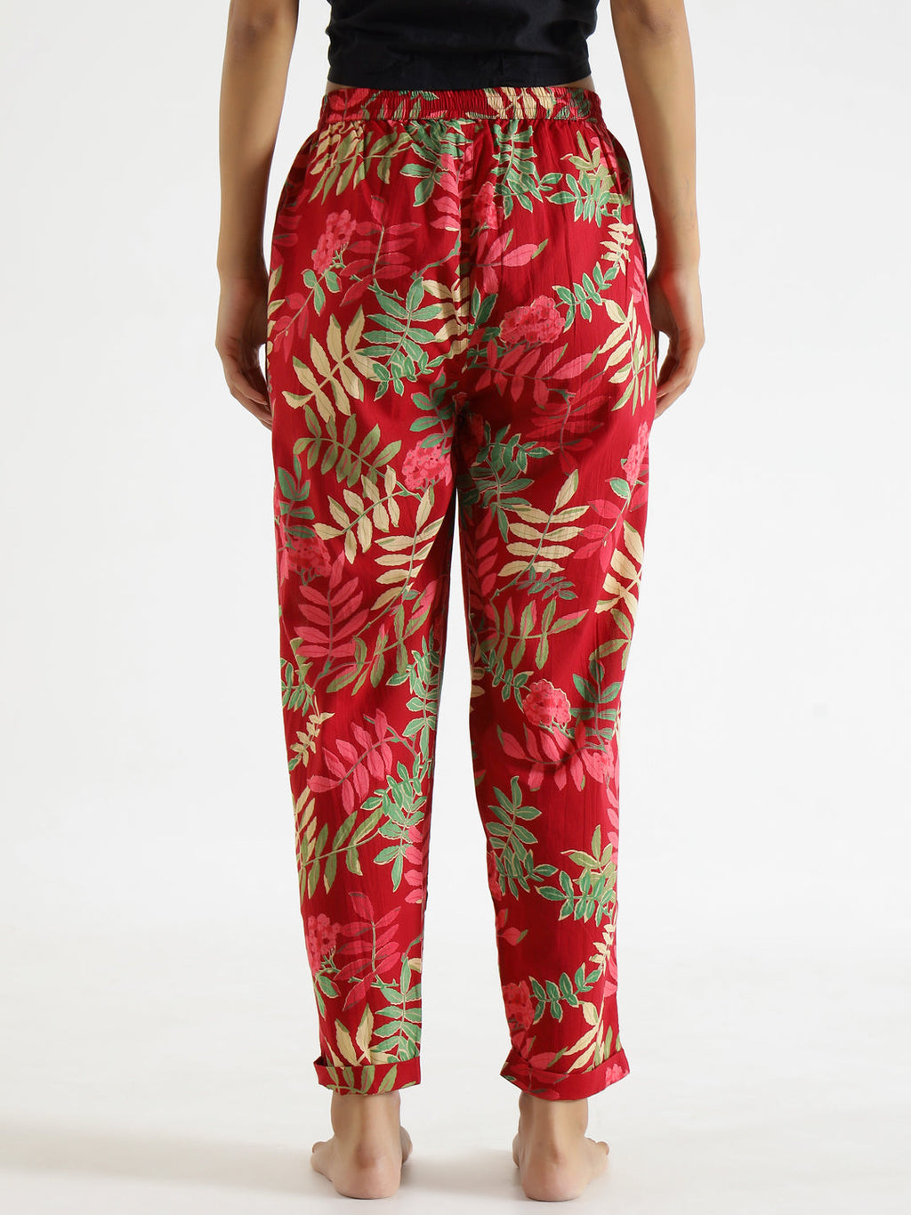 Red Floral Printed Pure Cotton Lounge Pants - SanskrutiHomes 