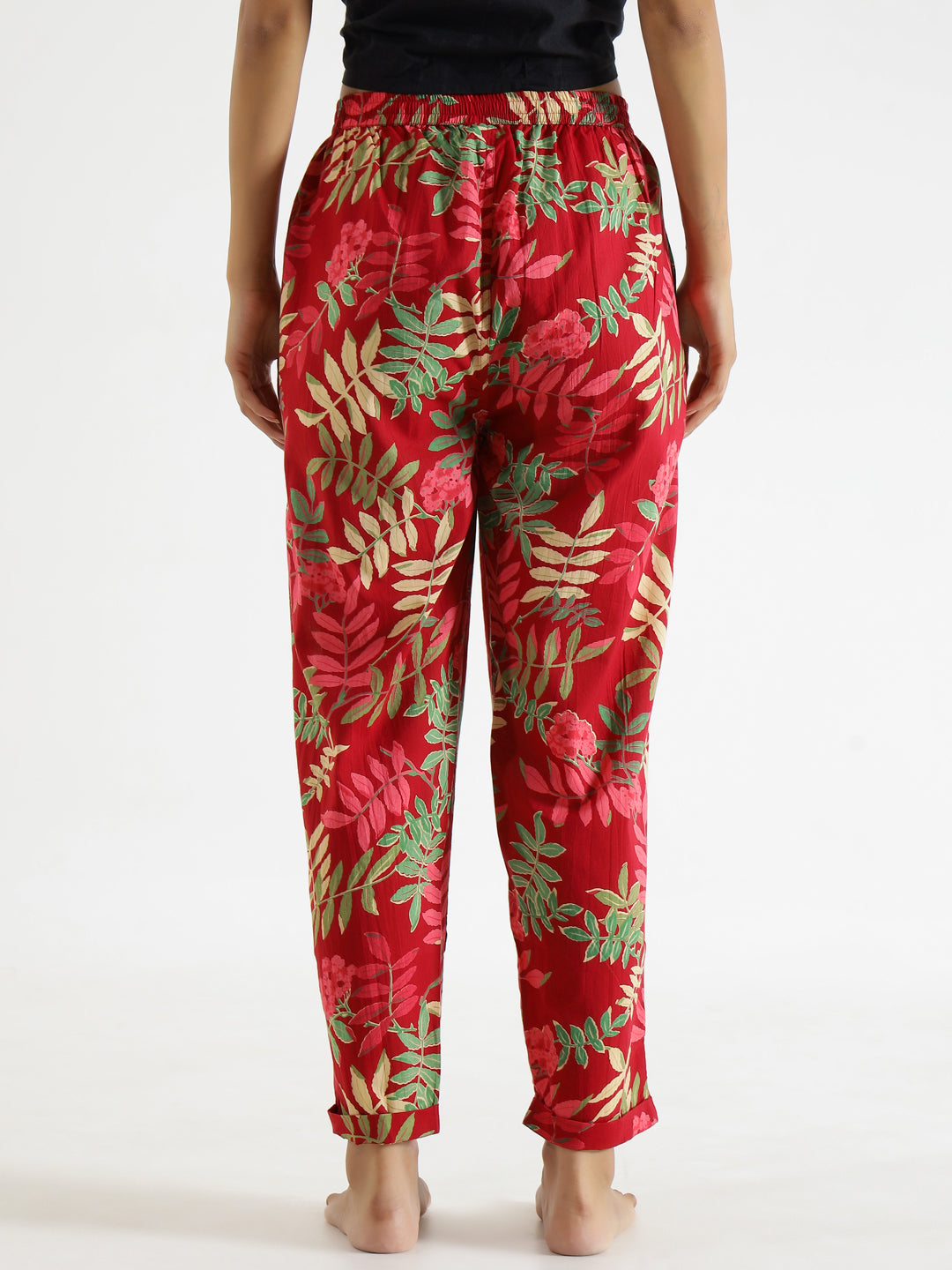 Red Floral Printed Pure Cotton Lounge Pants - SanskrutiHomes 