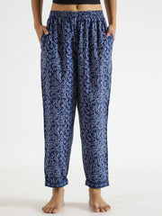 Navy Blue Abstract Print Mid Waist Lounge Pant For Women