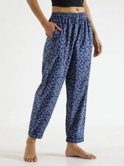 Navy Blue Abstract Print Mid Waist Lounge Pant For Women