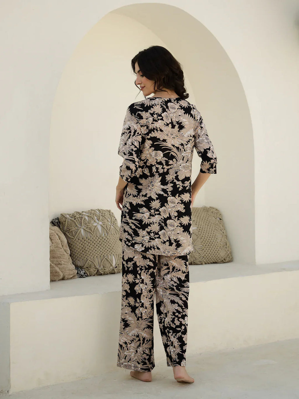 Black Flower Printed Cotton Night Suit - SanskrutiHomes 