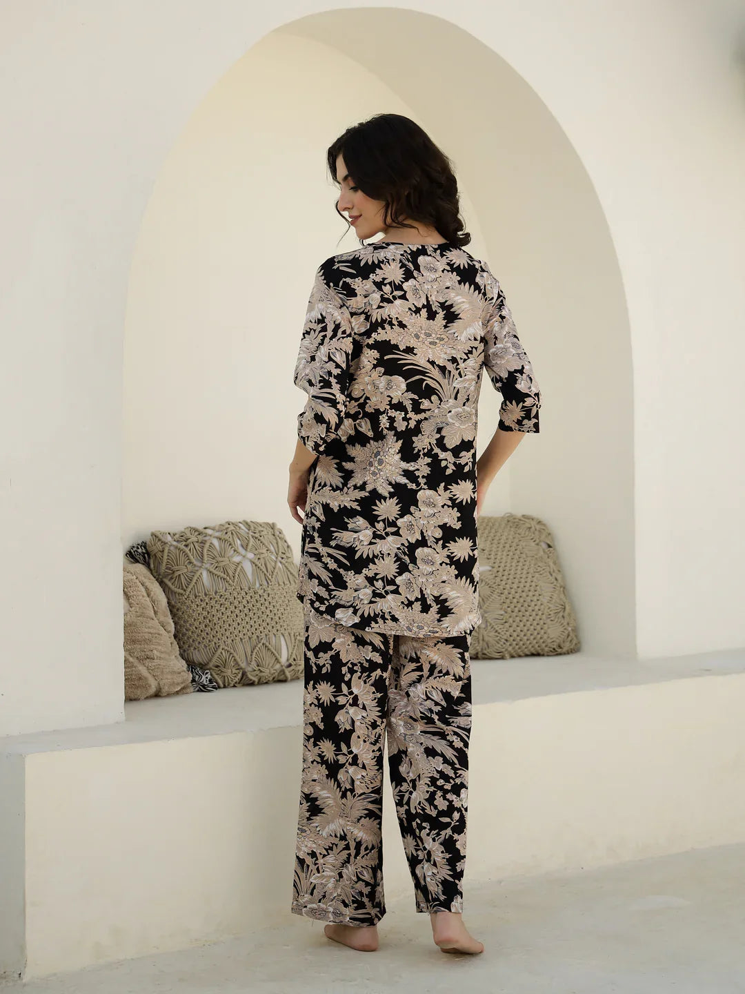 Black Flower Printed Cotton Night Suit - SanskrutiHomes 