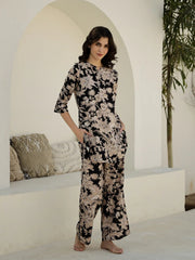 Black Flower Printed Cotton Night Suit - SanskrutiHomes 