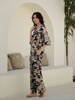 Black Flower Printed Cotton Night Suit - SanskrutiHomes 