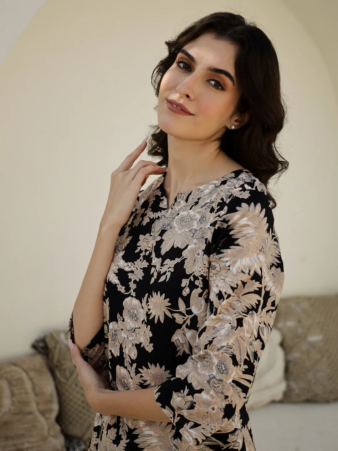 Black Flower Printed Cotton Night Suit - SanskrutiHomes 