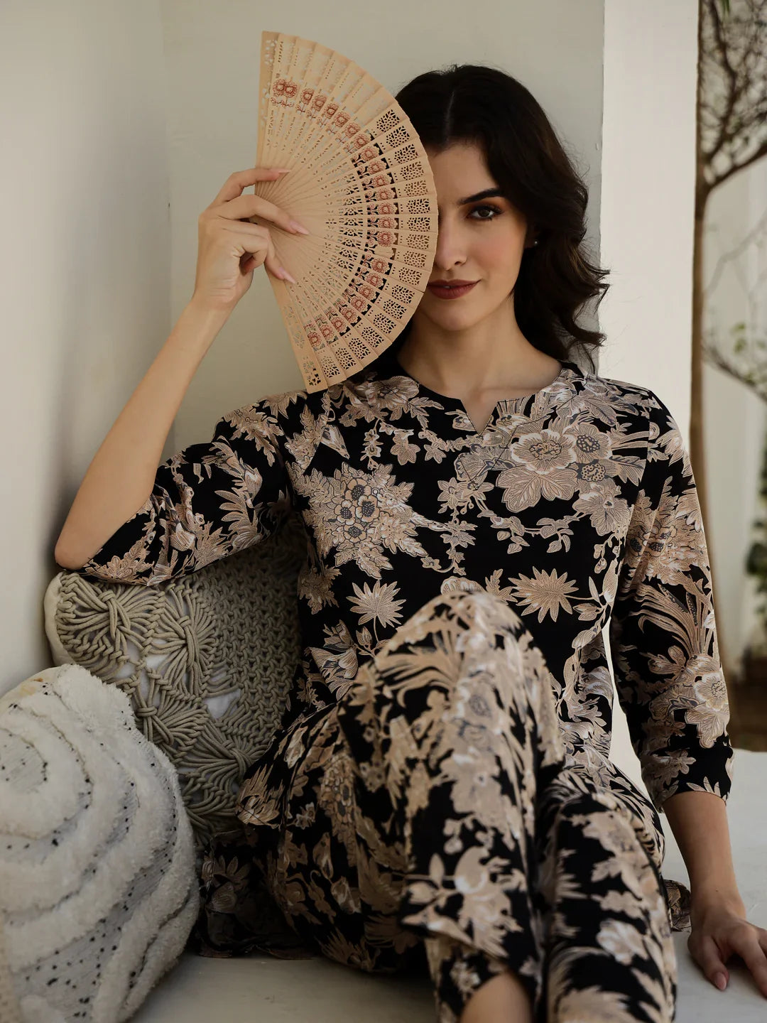 Black Flower Printed Cotton Night Suit - SanskrutiHomes 