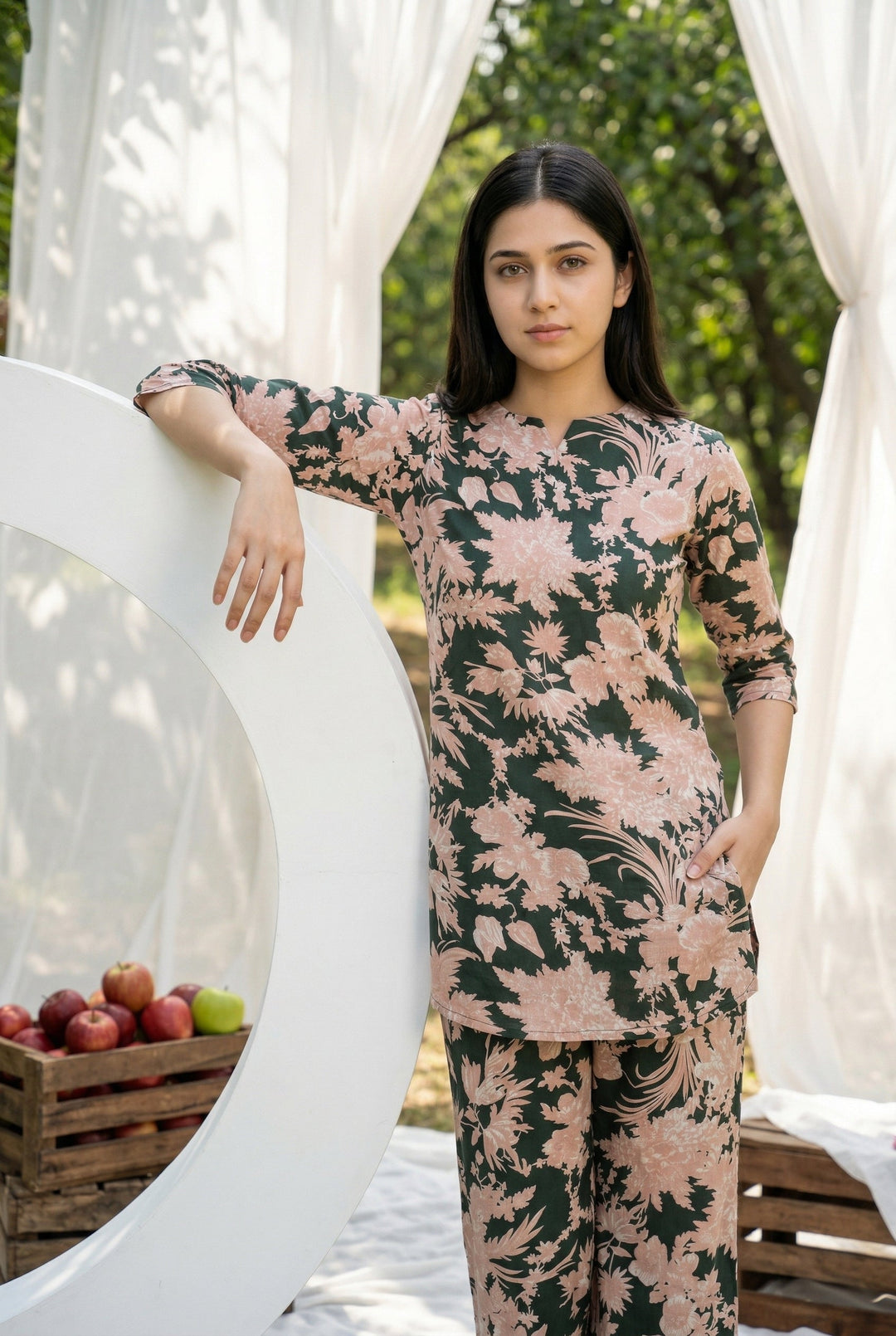 Green Floral Print Round Neck Cotton Night Suit For Women