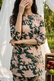 Green Floral Print Round Neck Cotton Night Suit For Women