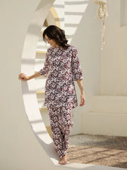 Maroon Floral Printed Cotton Night Suit - SanskrutiHomes 
