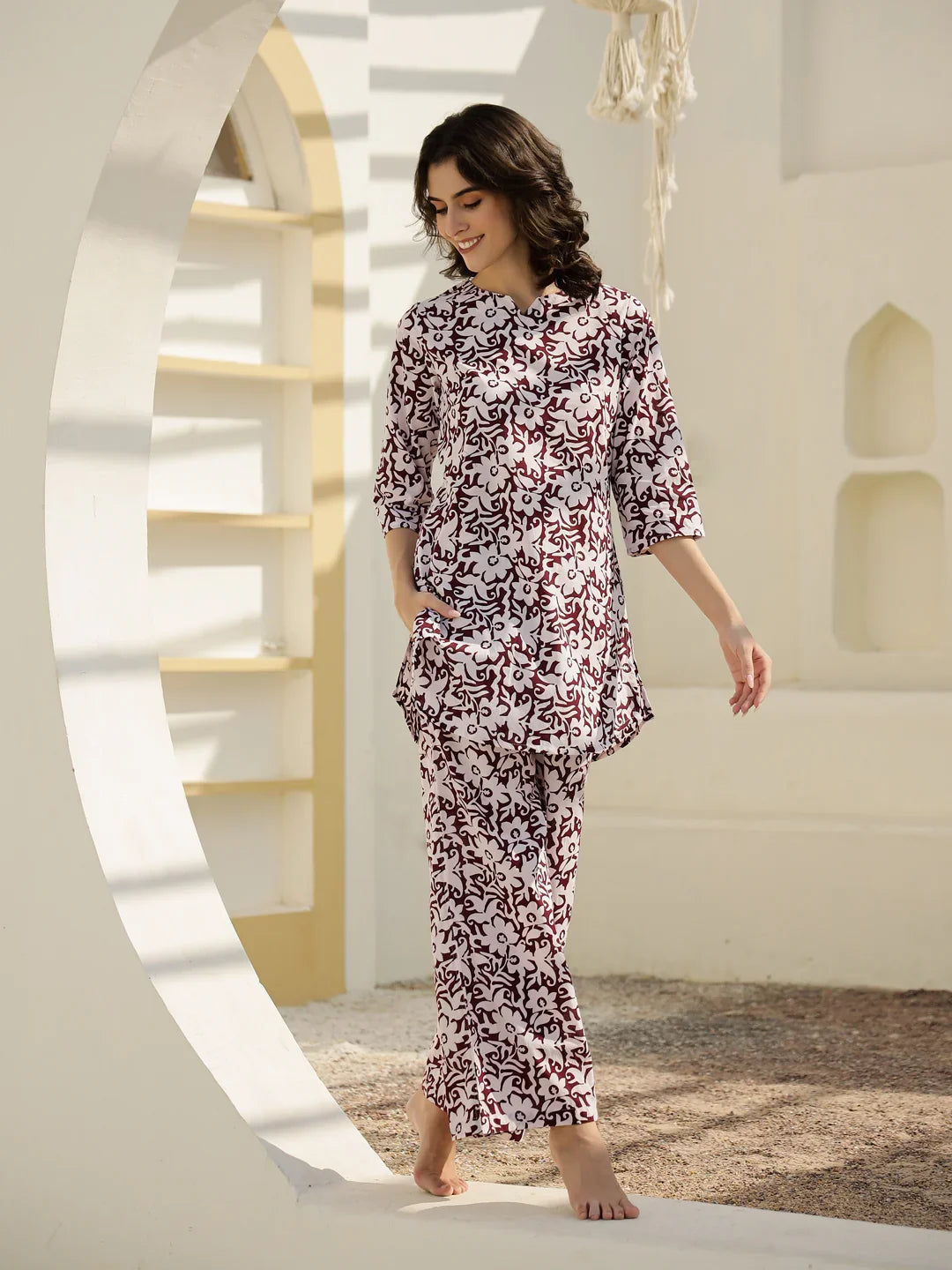 Maroon Floral Printed Cotton Night Suit - SanskrutiHomes 