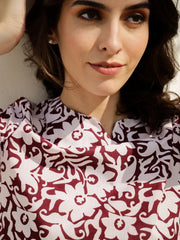 Maroon Floral Printed Cotton Night Suit - SanskrutiHomes 