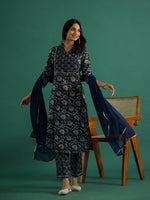 Blue Pure Cotton V-Neck Printed Kurta Set for Women - SanskrutiHomes 