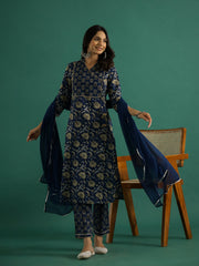Blue Pure Cotton V-Neck Printed Kurta Set for Women - SanskrutiHomes 
