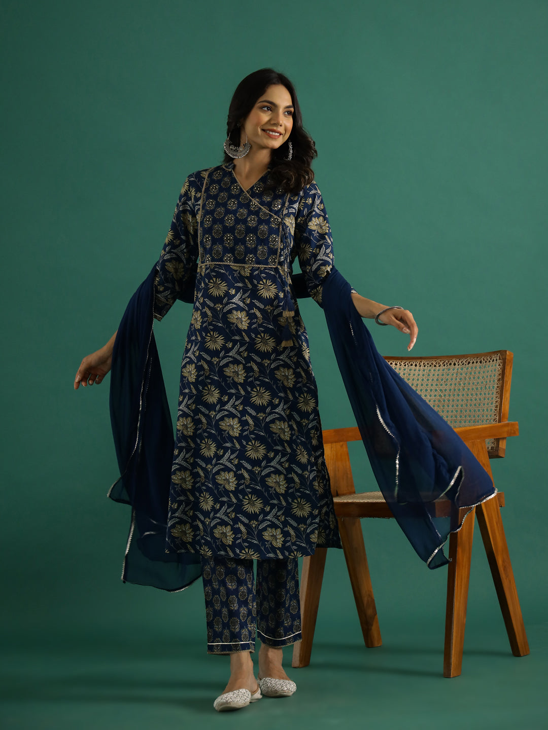 Blue Pure Cotton V-Neck Printed Kurta Set for Women - SanskrutiHomes 