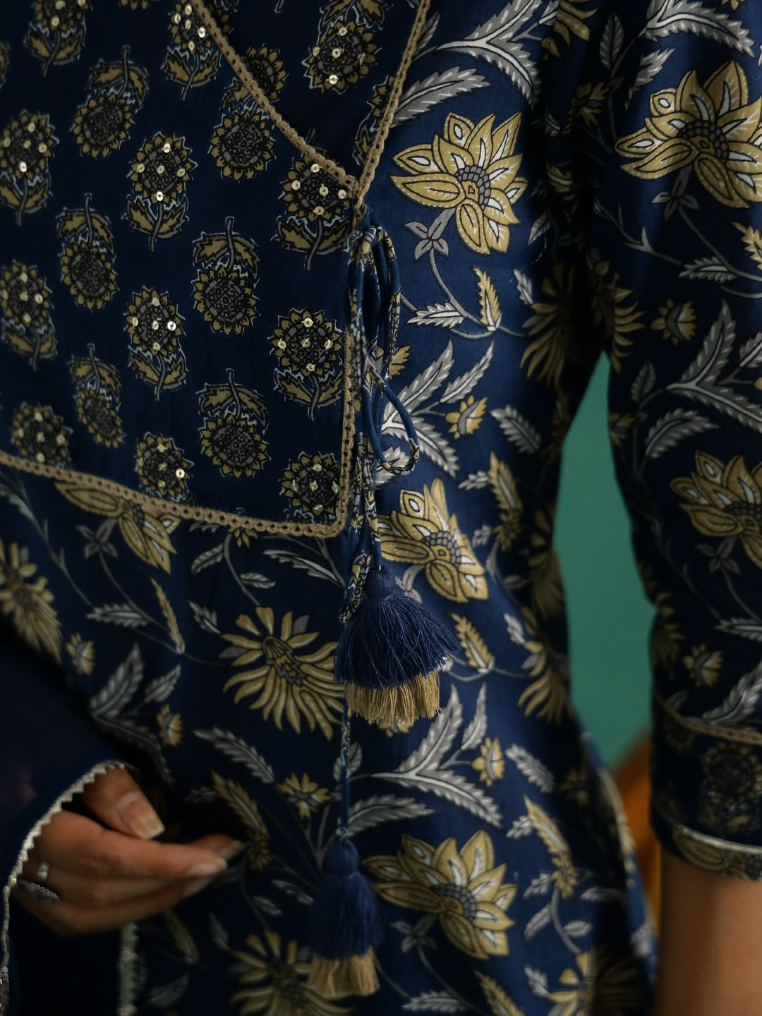 Blue Pure Cotton V-Neck Printed Kurta Set for Women - SanskrutiHomes 