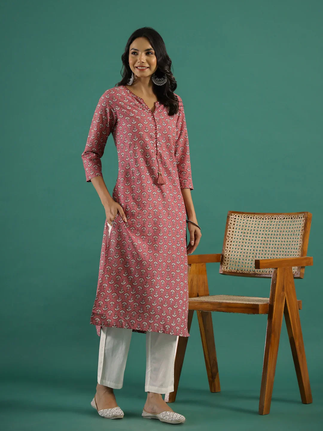 Multi Color Floral Print Round Neck Cotton Kurta for Women - SanskrutiHomes 