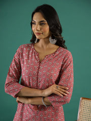 Multi Color Floral Print Round Neck Cotton Kurta for Women - SanskrutiHomes 
