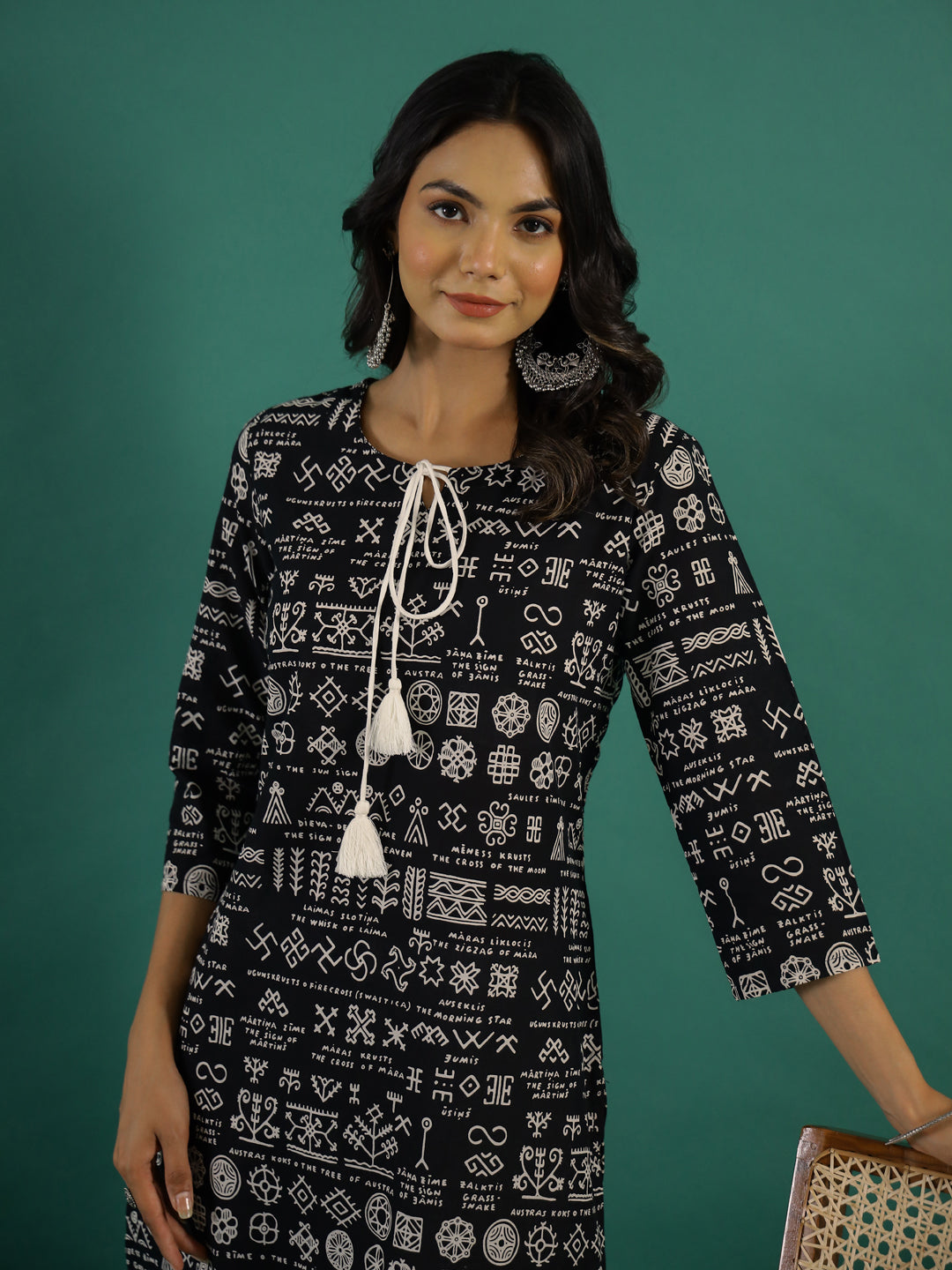 Black Tassel Printed Kurti Set - SanskrutiHomes 