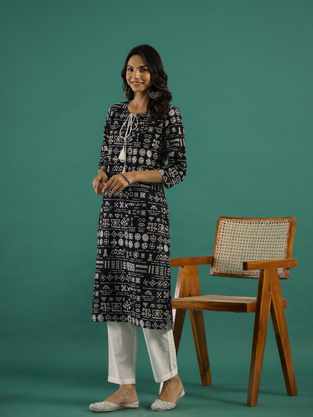 Black Tassel Printed Kurti Set - SanskrutiHomes 
