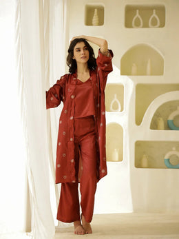 Set of 3 Satin Printed Co-ords Set for Women - SanskrutiHomes 