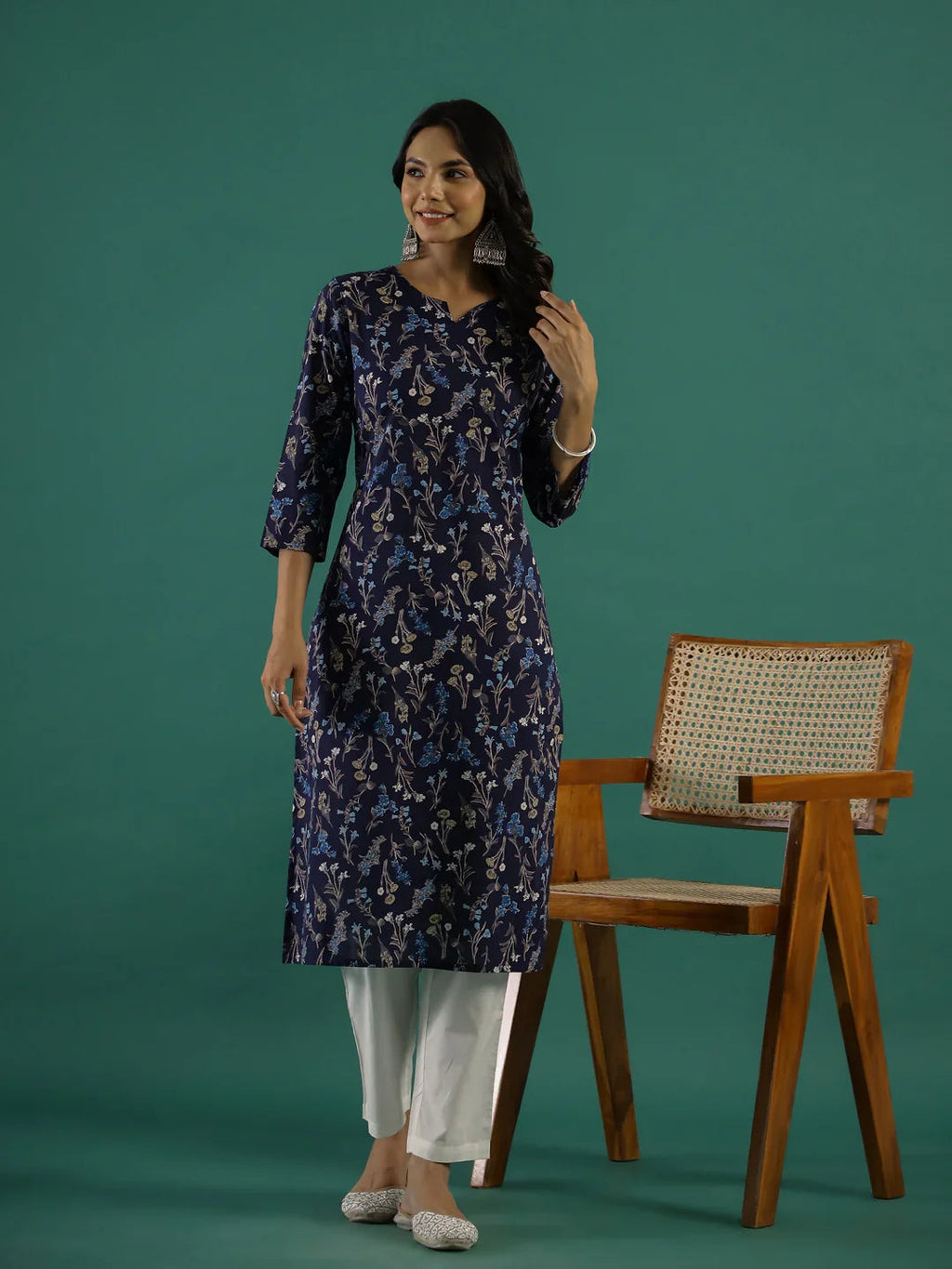 Navy Blue Floral Printed Kurta for Women - SanskrutiHomes 