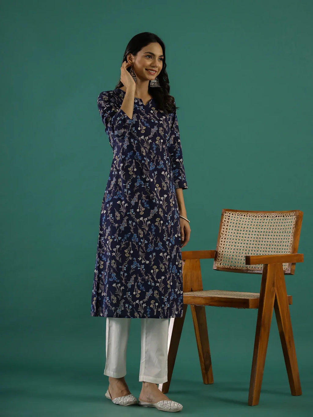 Navy Blue Floral Printed Kurta for Women - SanskrutiHomes 