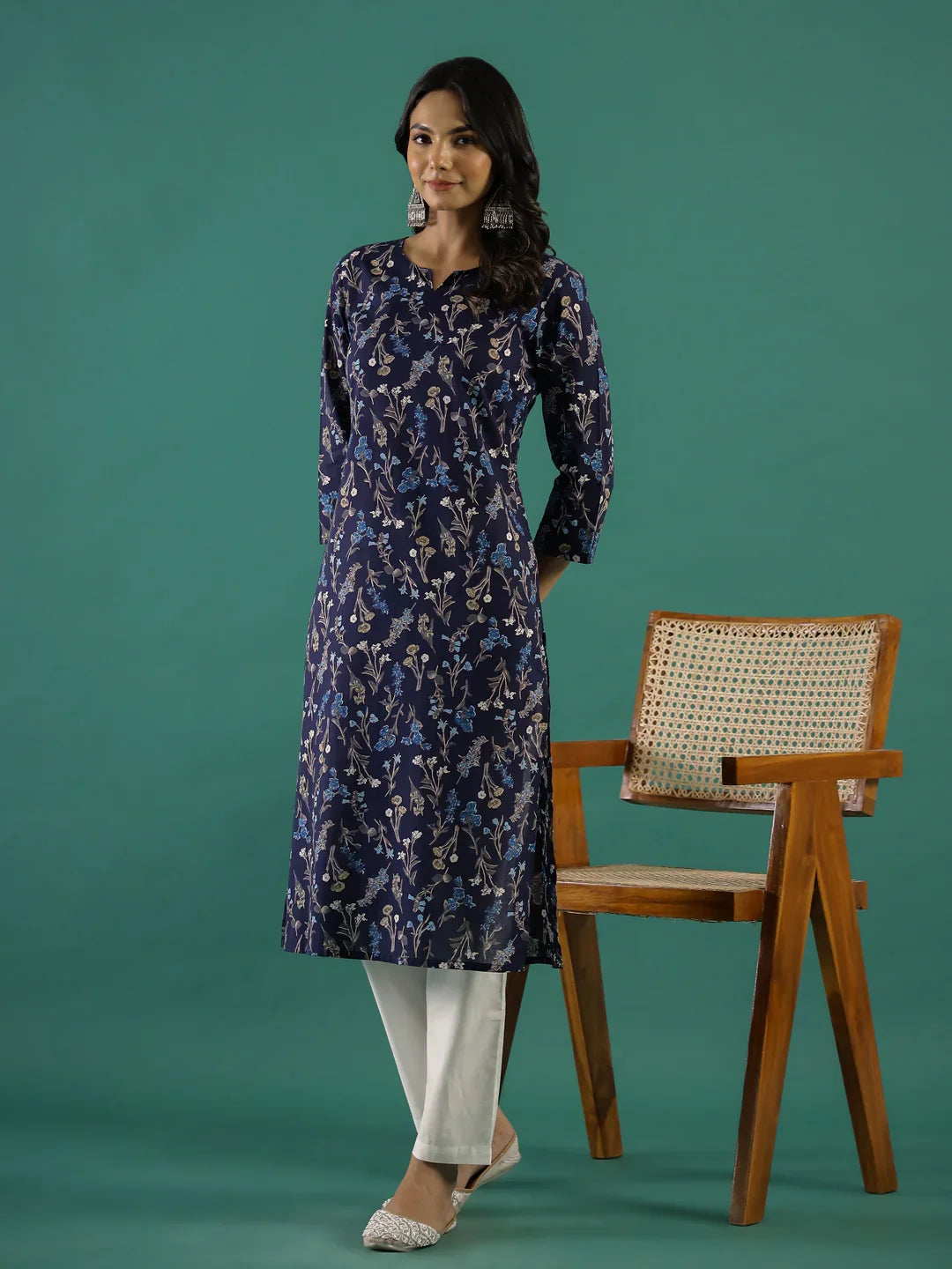 Navy Blue Floral Printed Kurta for Women - SanskrutiHomes 