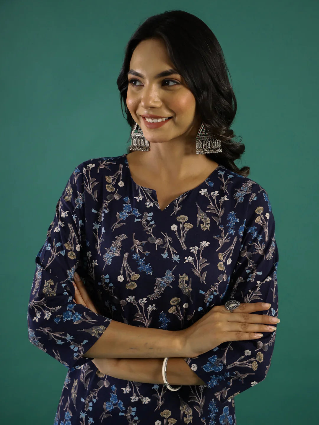 Navy Blue Floral Printed Kurta for Women - SanskrutiHomes 