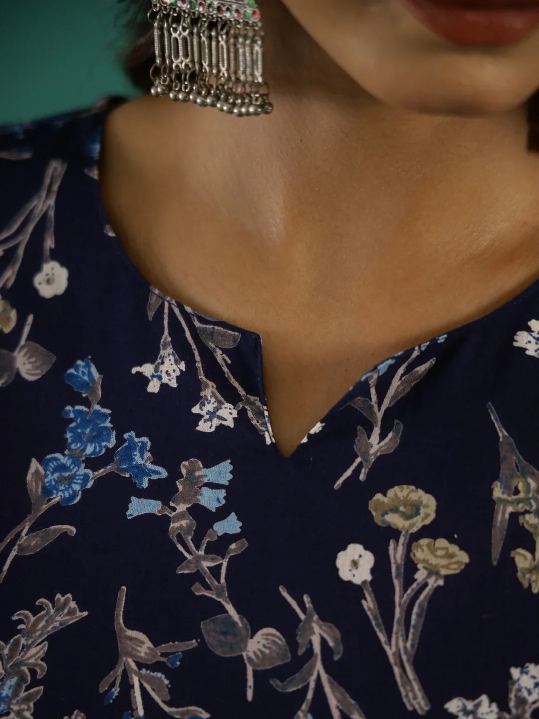 Navy Blue Floral Printed Kurta for Women - SanskrutiHomes 