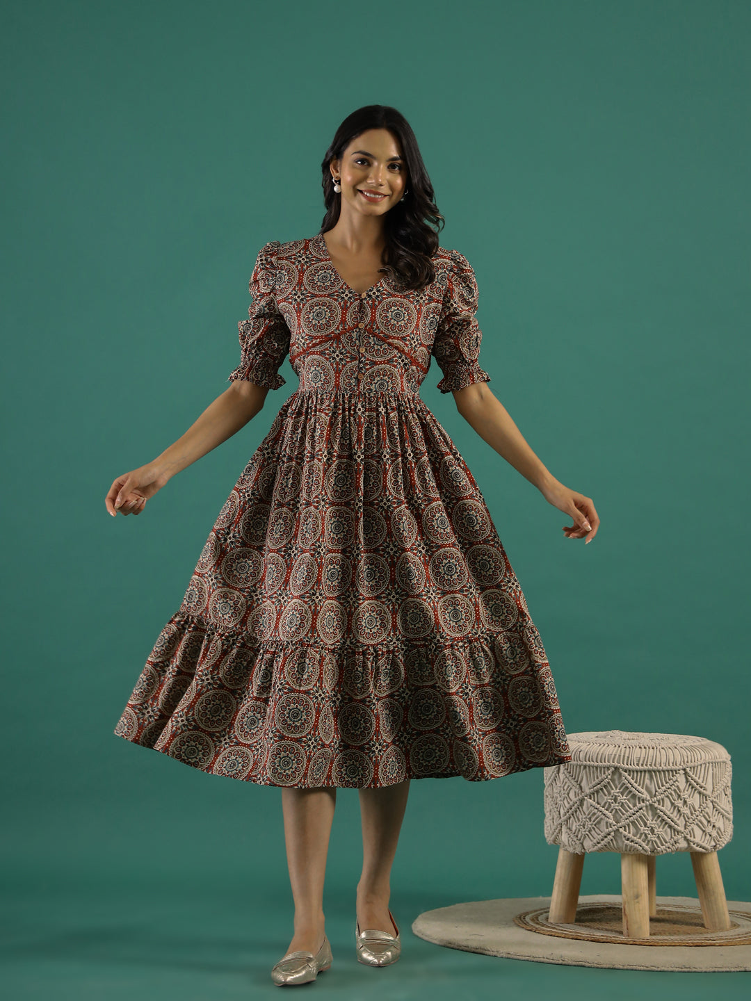 Cotton Floral Printed V-Neck Dress - SanskrutiHomes 