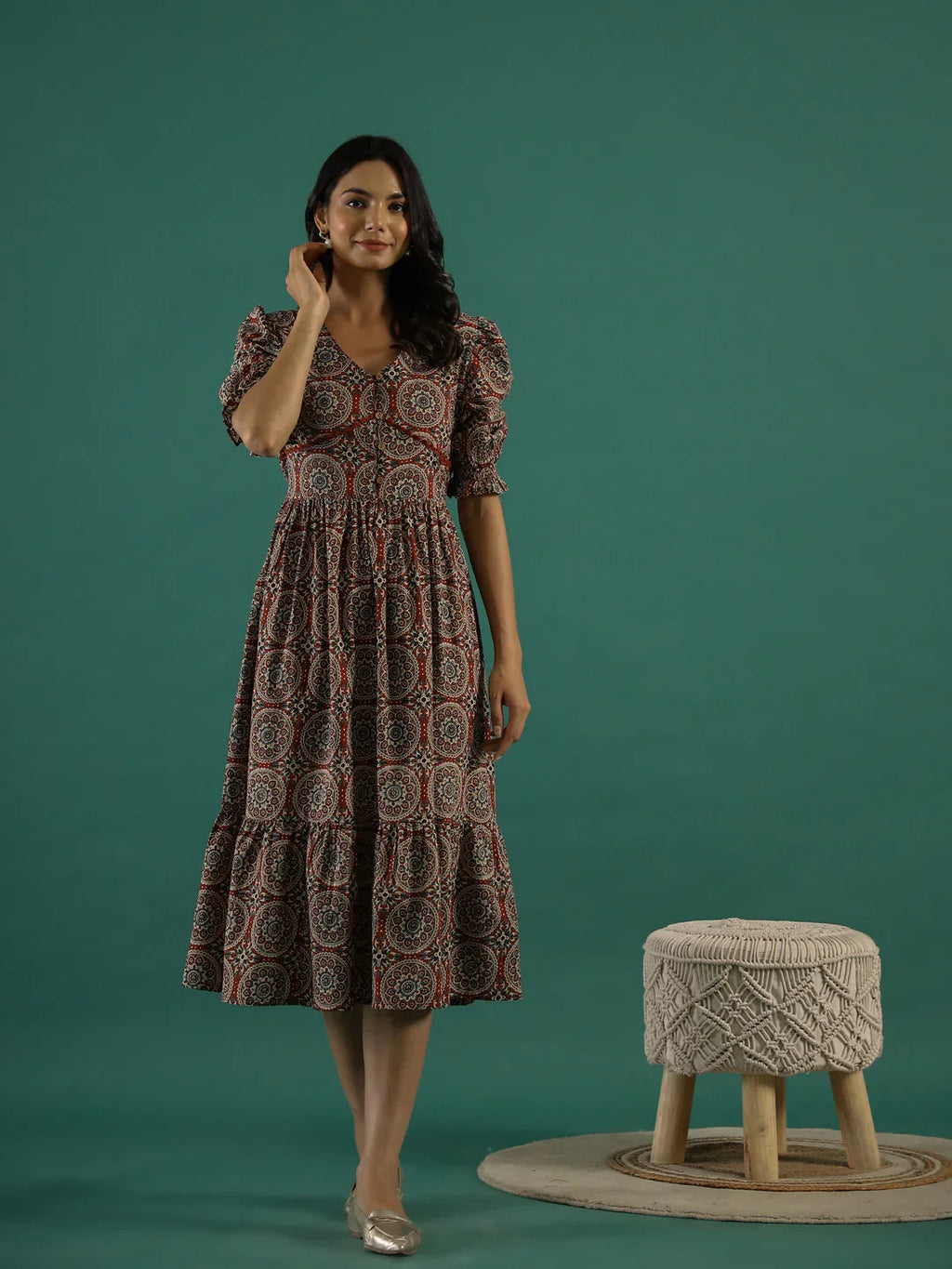 Cotton Floral Printed V-Neck Dress - SanskrutiHomes 