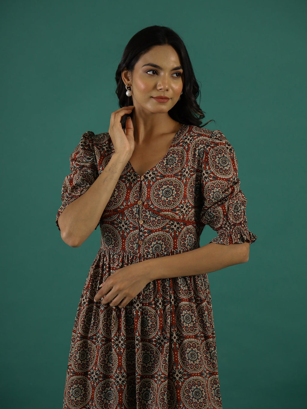 Cotton Floral Printed V-Neck Dress - SanskrutiHomes 