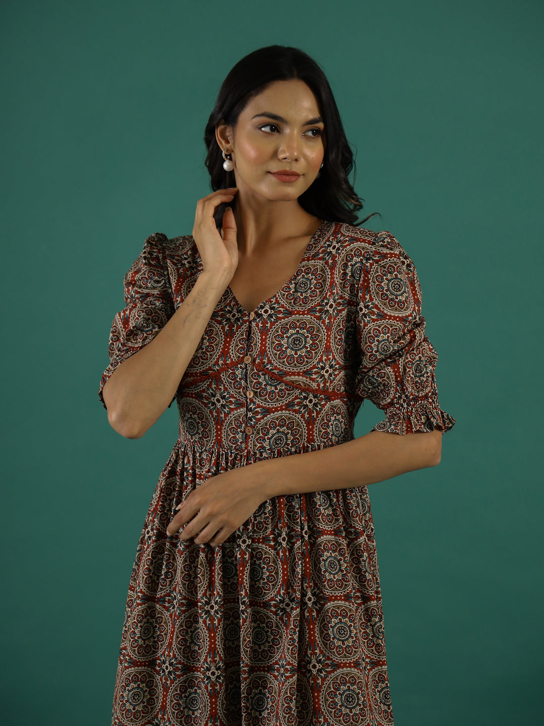 Cotton Floral Printed V-Neck Dress - SanskrutiHomes 