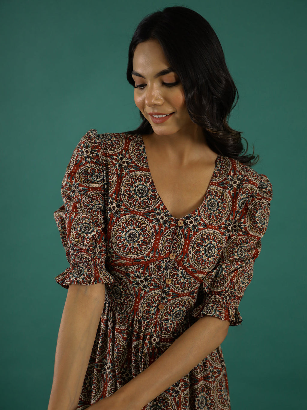 Cotton Floral Printed V-Neck Dress - SanskrutiHomes 