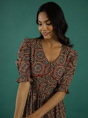Cotton Floral Printed V-Neck Dress - SanskrutiHomes 