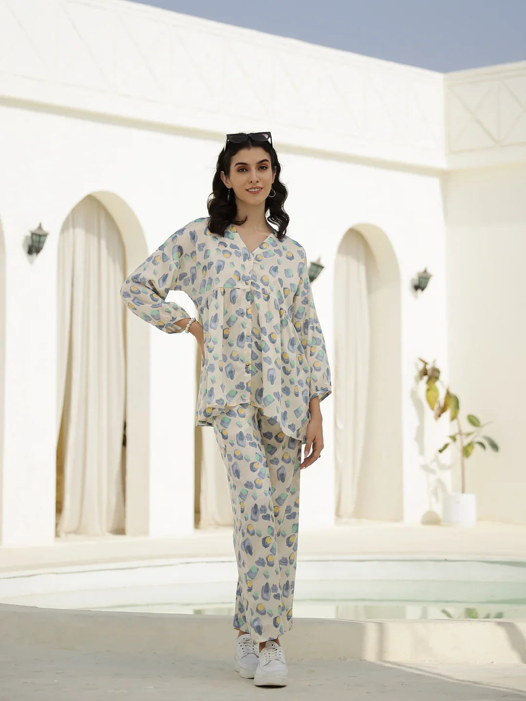 Floral Printed V-Neck Satin Loungewear Set - SanskrutiHomes 