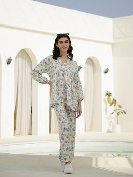 Floral Printed V-Neck Satin Loungewear Set - SanskrutiHomes 