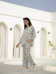 Floral Printed V-Neck Satin Loungewear Set - SanskrutiHomes 