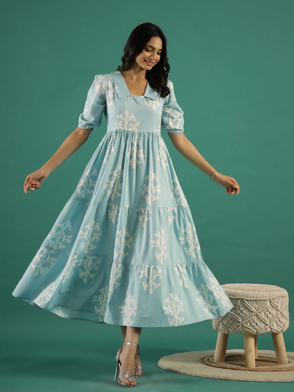 Women Blue Printed Ethnic Dress - SanskrutiHomes 