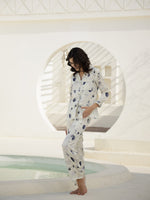 Shirt Collar Printed Satin Night Suit - SanskrutiHomes 